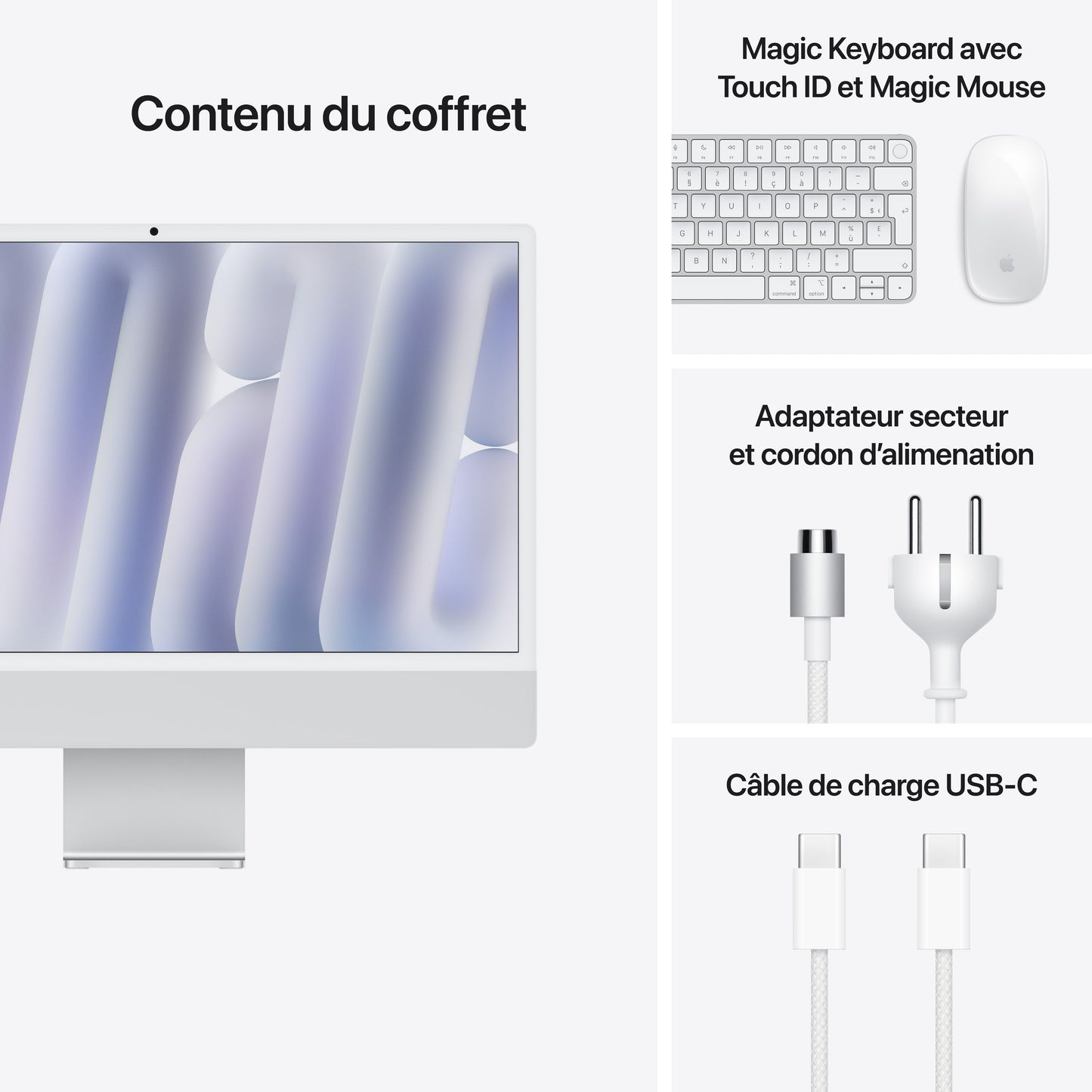 iMac 24 pouces avec écran Retina 4,5K: Puce Apple M4 avec CPU 10 cœurs et GPU 10 cœurs, 256 Go SSD - Argent