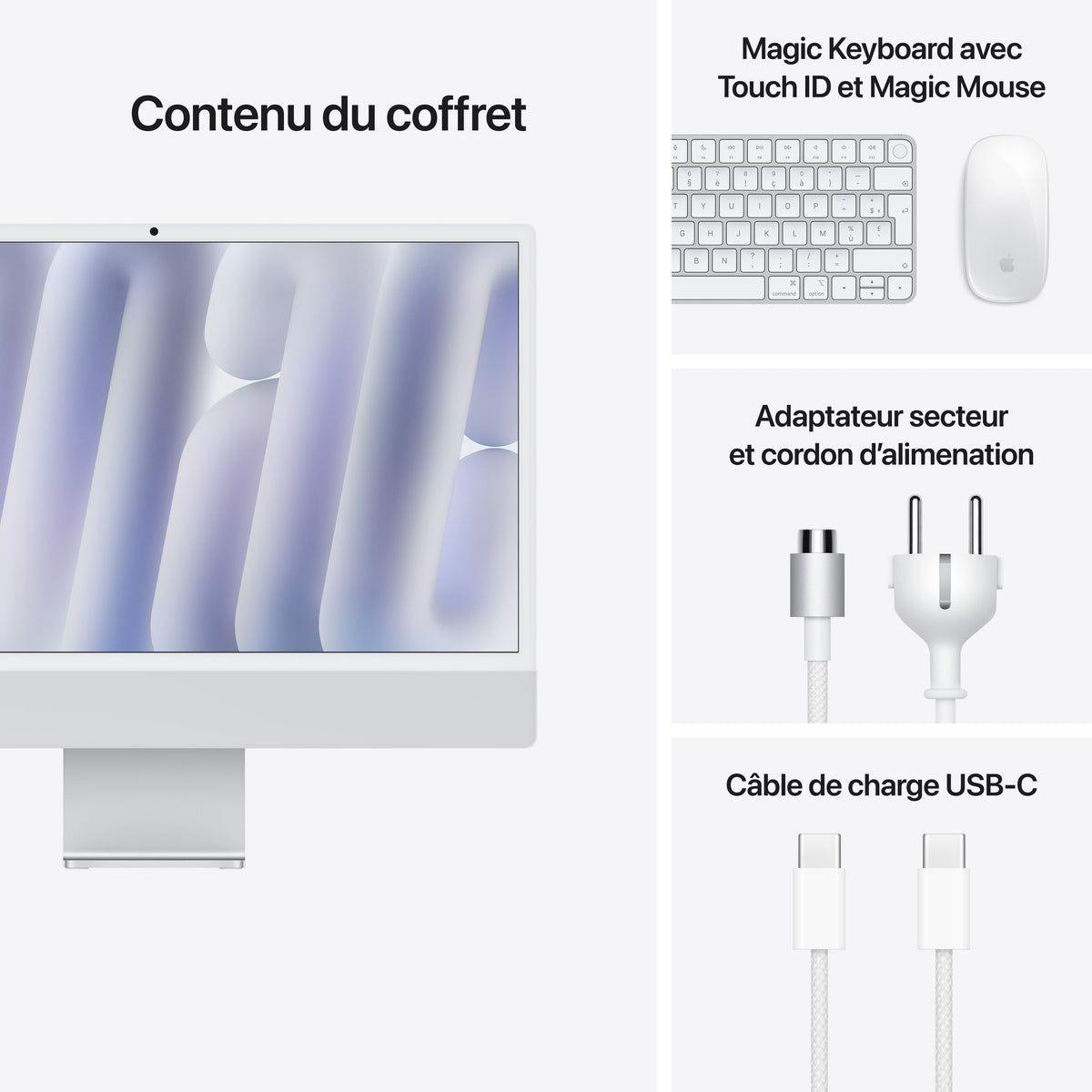 iMac 24 pouces avec écran Retina 4,5K: Puce Apple M4 avec CPU 10 cœurs et GPU 10 cœurs, 256 Go SSD - Argent