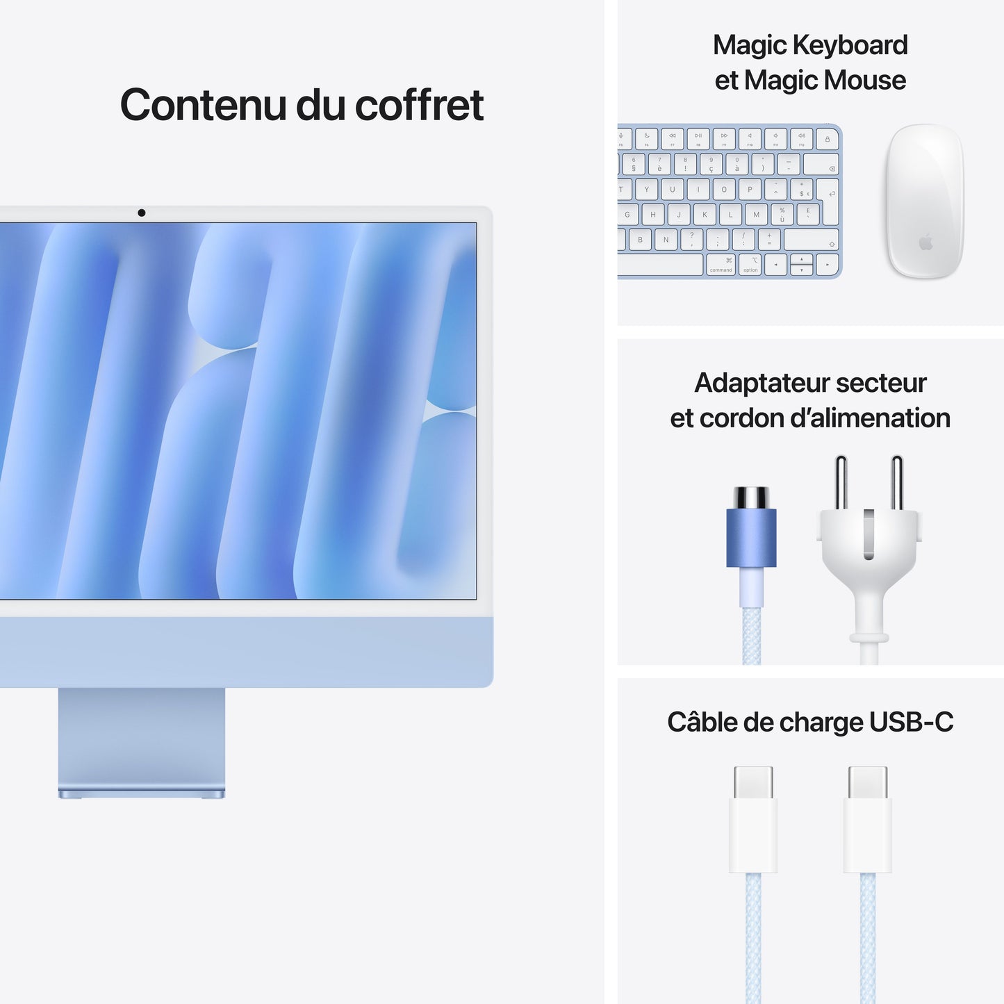 iMac 24 pouces avec écran Retina 4,5K: Puce Apple M4 avec CPU 8 cœurs et GPU 8 cœurs, 256 Go SSD - Bleu