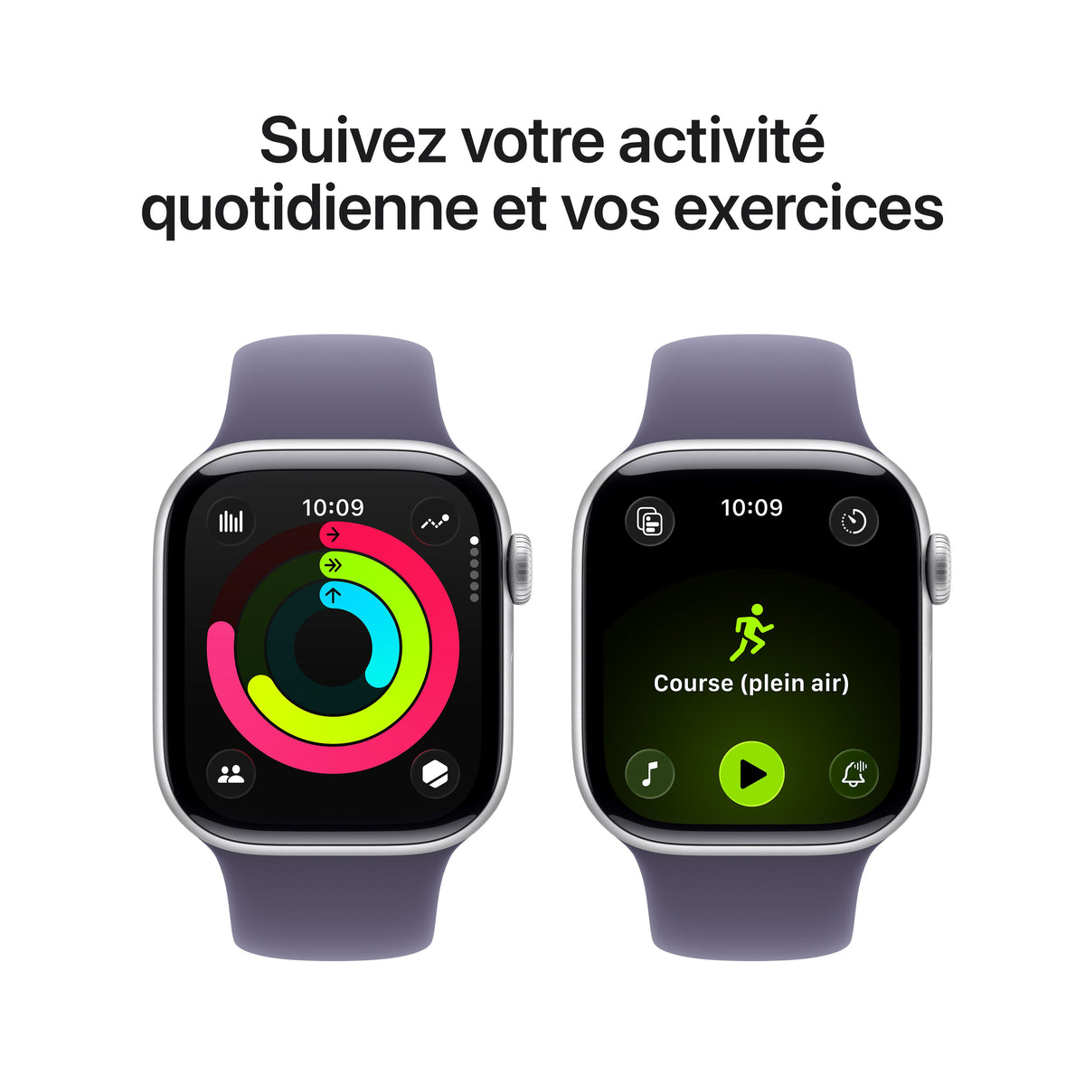 Apple Watch Series 11 GPS, Boîtier en aluminium argent 42 mm, Bracelet Sport brume violette - M/L