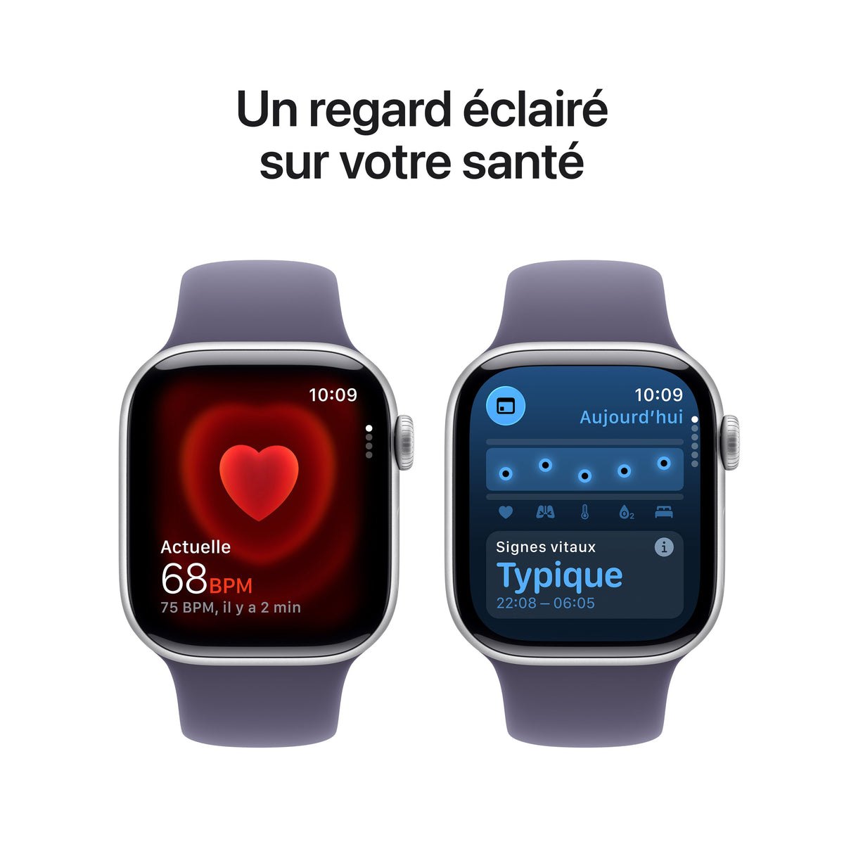 Apple Watch Series 11 GPS, Boîtier en aluminium argent 42 mm, Bracelet Sport brume violette - S/M