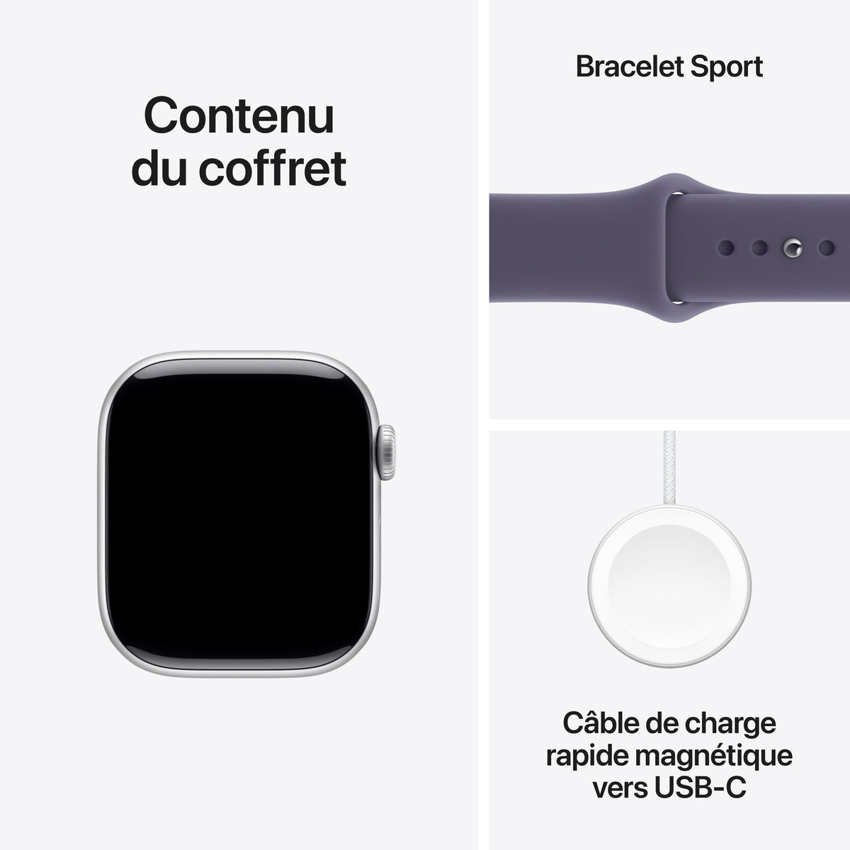 Apple Watch Series 11 GPS, Boîtier en aluminium argent 42 mm, Bracelet Sport brume violette - S/M