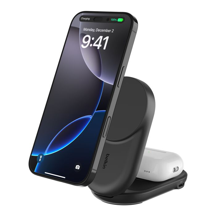 Belkin • Socle de recharge 2‑en‑1 UltraCharge avec Qi2 • 25 W • Noir