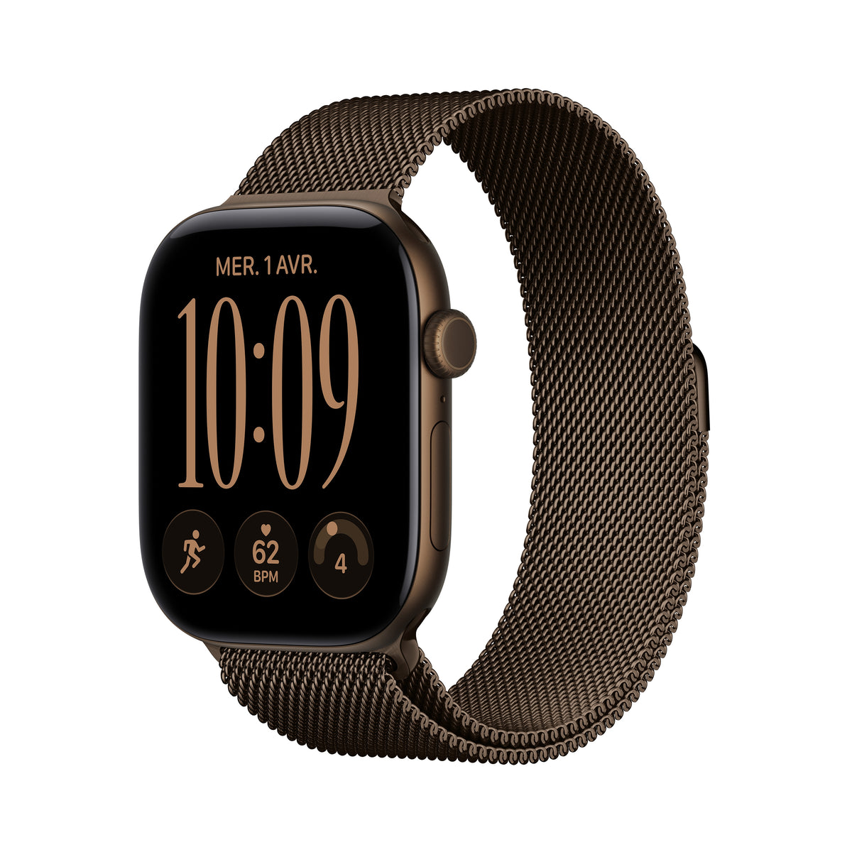 Apple Watch Series 12 GPS, Boîtier en aluminium bronze sombre de 46 mm, Bracelet Milanais bronze sombre - S/M