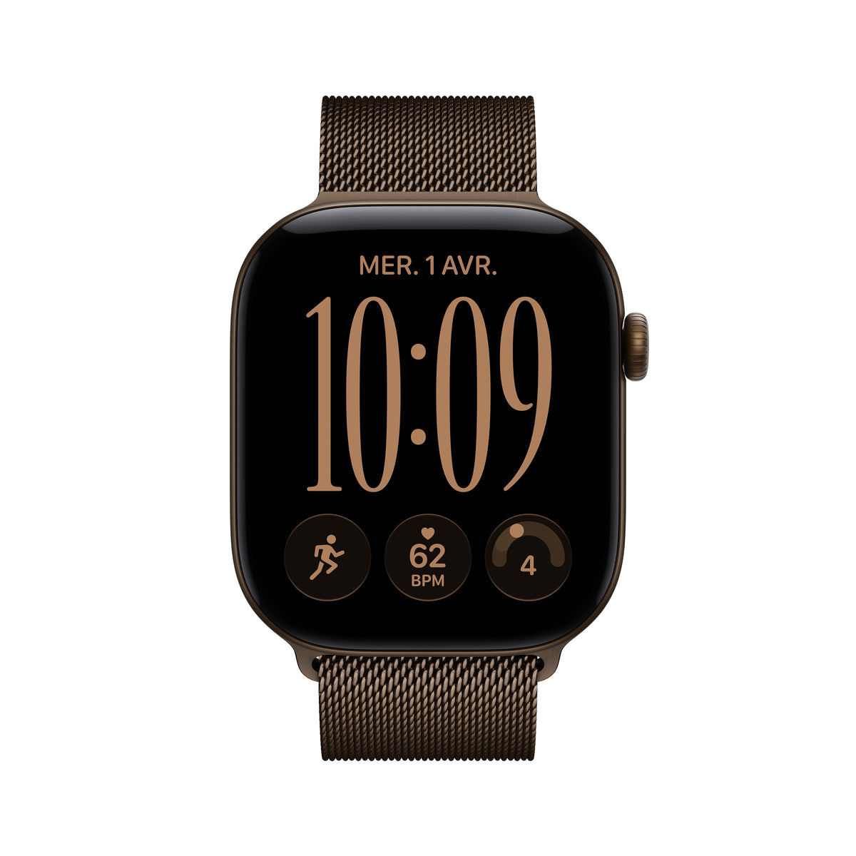 Apple Watch Series 12 GPS, Boîtier en aluminium bronze sombre de 46 mm, Bracelet Milanais bronze sombre - S/M