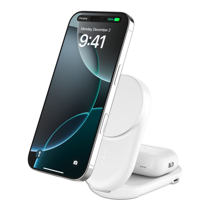 Belkin • Socle de recharge 2‑en‑1 UltraCharge avec Qi2 • 25 W • Blanc