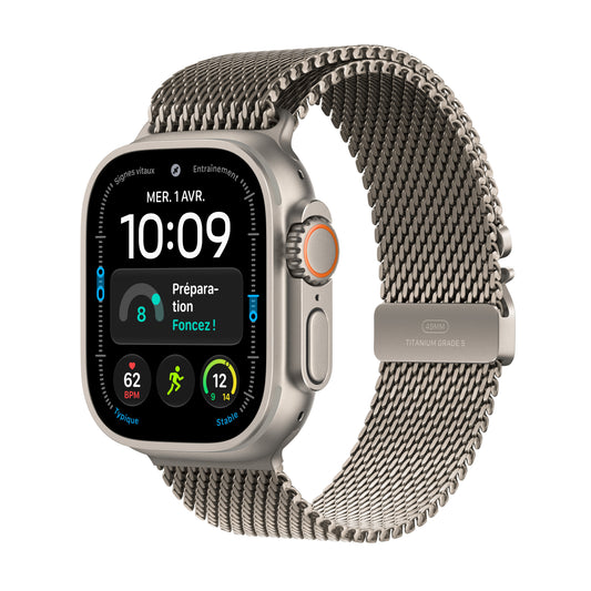 Apple Watch Ultra 4 GPS + Cellular, Boîtier en titane naturel de 49 mm, Bracelet Milanais titane naturel - L
