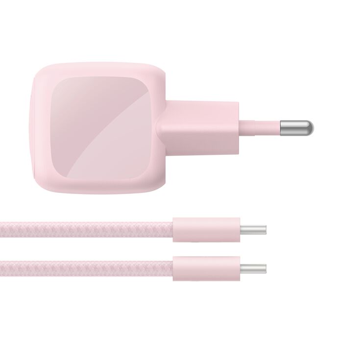 Belkin • BoostCharge Chargeur secteur USB-C GaN 30 W avec câble tressé 2 m • Rose