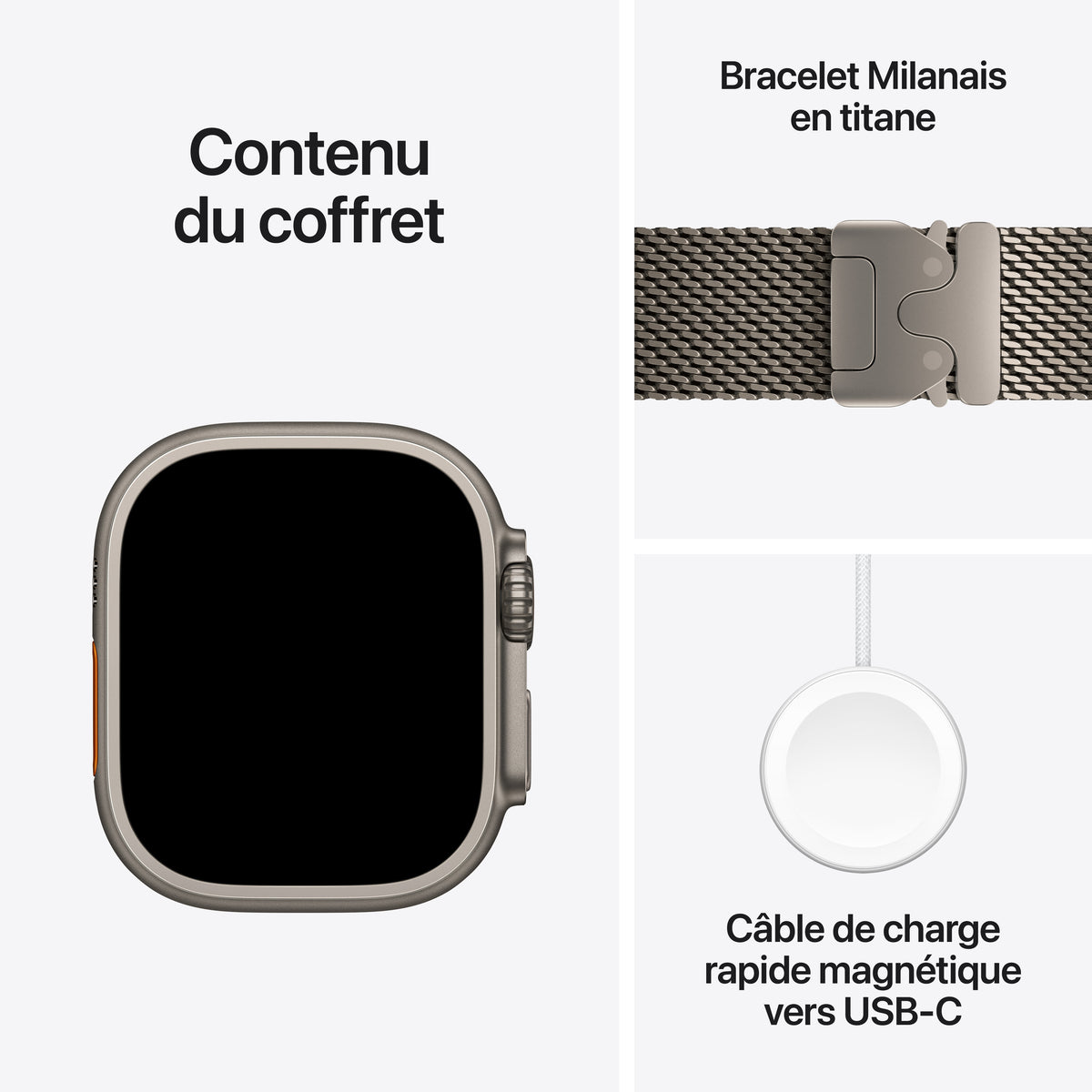 Apple Watch Ultra 4 GPS + Cellular, Boîtier en titane naturel de 49 mm, Bracelet Milanais titane naturel - L