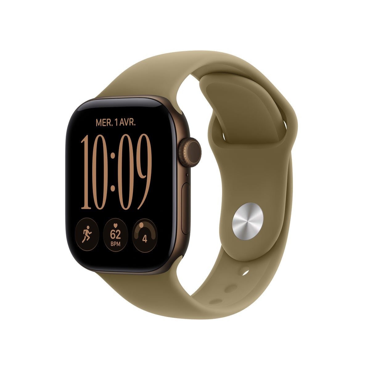 Apple Watch Series 12 GPS, Boîtier en aluminium bronze sombre de 42 mm, Bracelet Sport olive - S/M