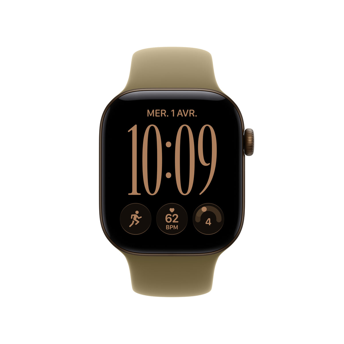 Apple Watch Series 12 GPS, Boîtier en aluminium bronze sombre de 42 mm, Bracelet Sport olive - S/M
