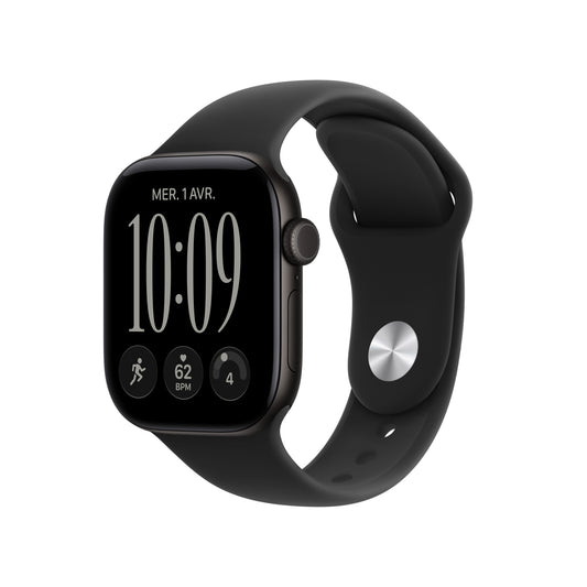 Apple Watch Series 12 GPS, Boîtier en aluminium noir de 42 mm, Bracelet Sport noir - M/L