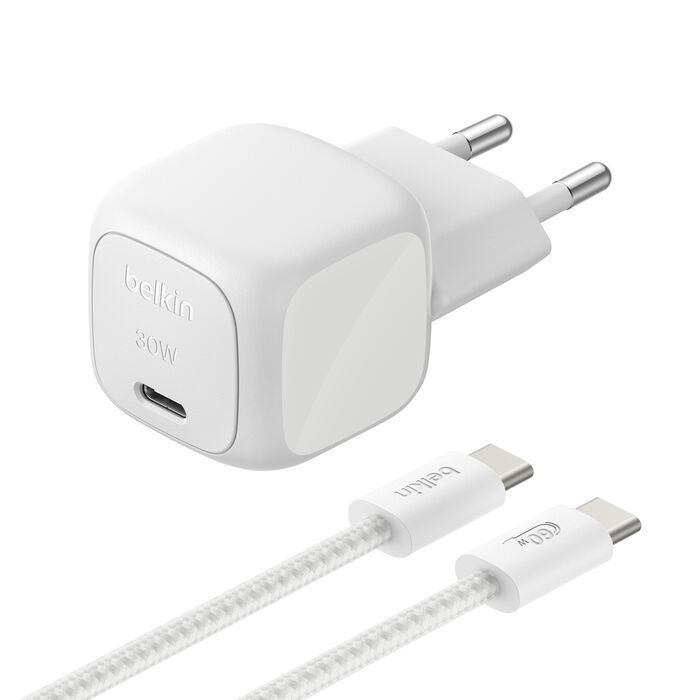 Belkin • BoostCharge Chargeur secteur USB-C GaN 30 W avec câble tressé 2 m • Gris