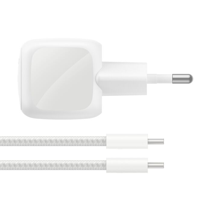 Belkin • BoostCharge Chargeur secteur USB-C GaN 30 W avec câble tressé 2 m • Gris