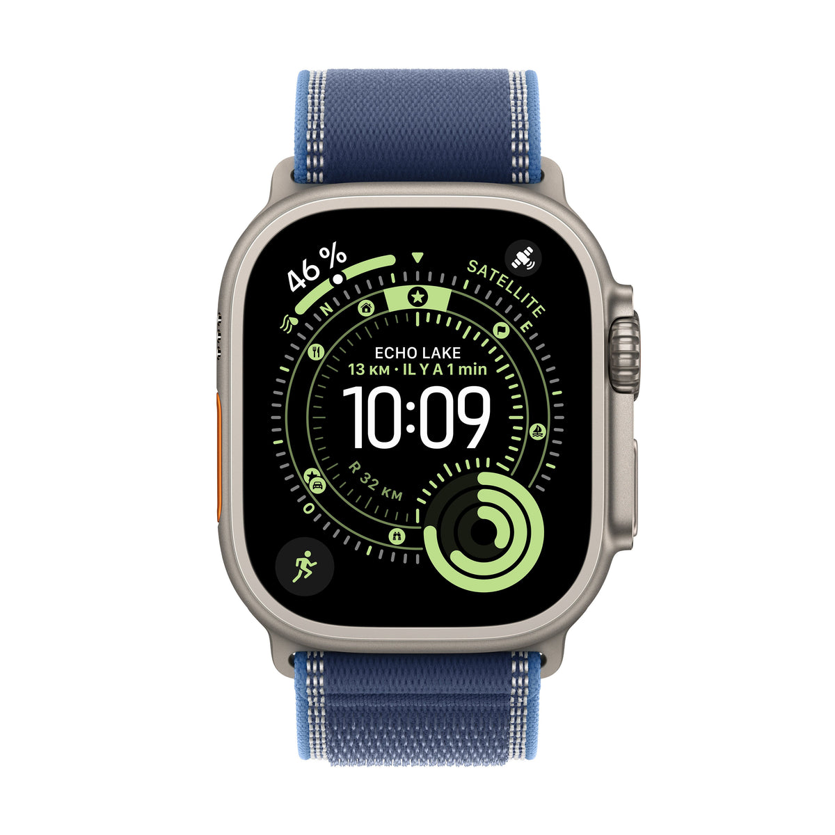 Apple Watch Ultra 3 GPS + Cellular, Boîtier en titane naturel de 49 mm, Boucle Trail bleu/bleu vif - M/L