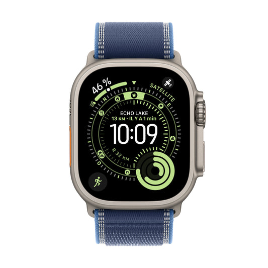 Apple Watch Ultra 3 GPS + Cellular, Boîtier en titane naturel de 49 mm, Boucle Trail bleu/bleu vif - M/L