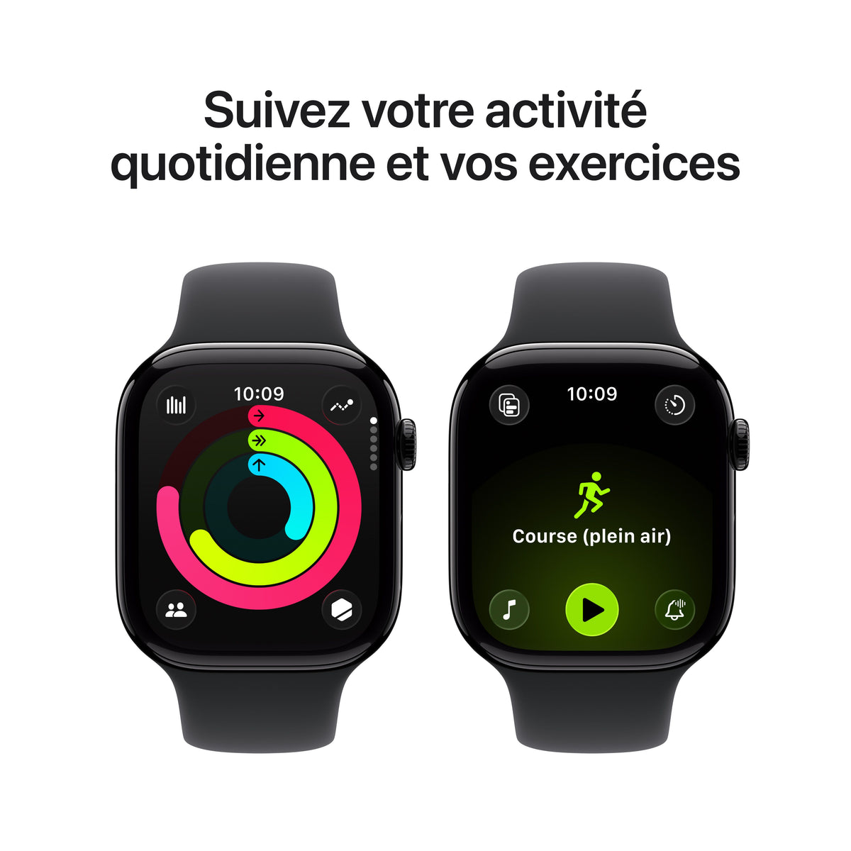 Apple Watch Series 11 GPS, Boîtier en aluminium noir de jais 46 mm, Bracelet Sport noir - M/L