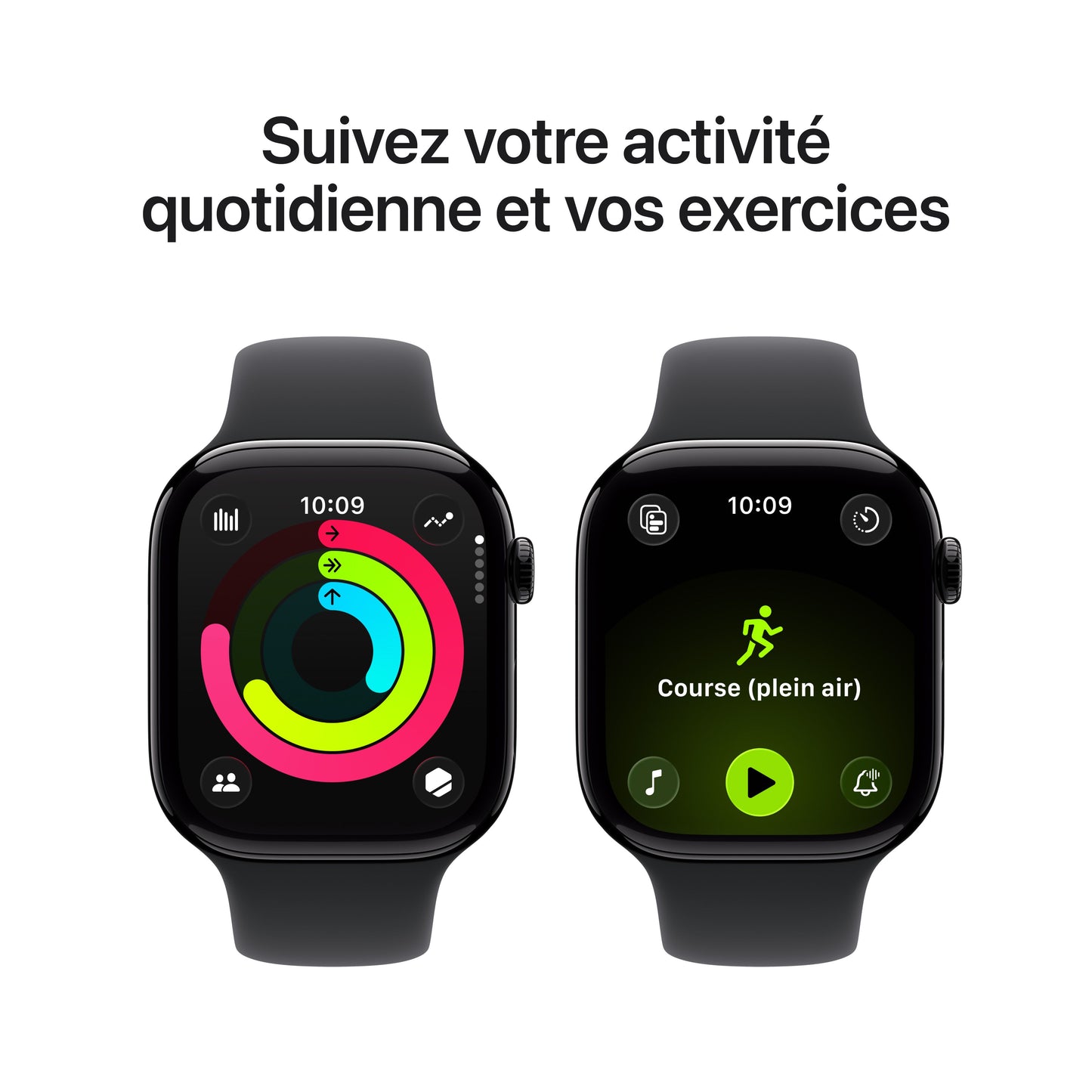 Apple Watch Series 11 GPS, Boîtier en aluminium noir de jais 46 mm, Bracelet Sport noir - S/M