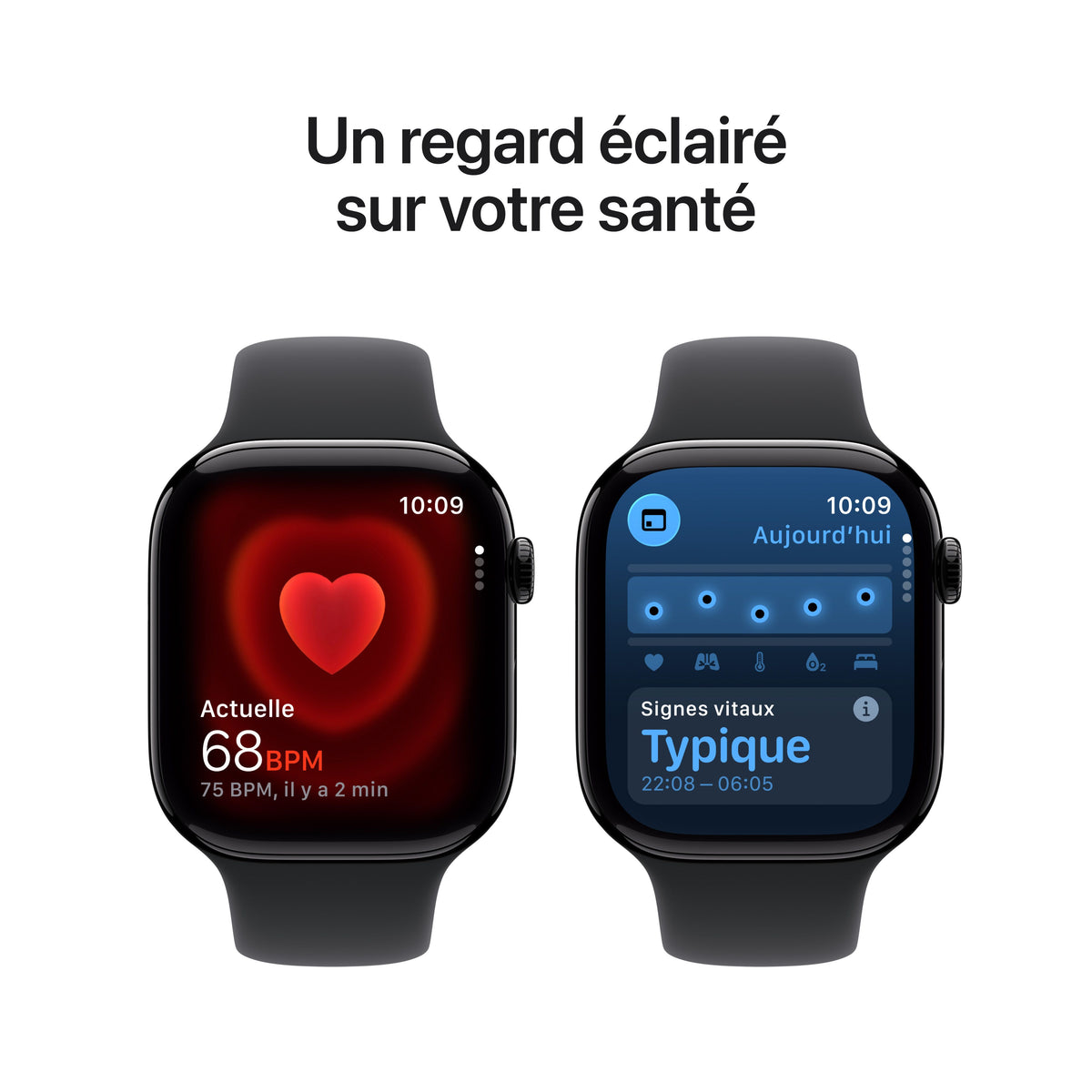 Apple Watch Series 11 GPS, Boîtier en aluminium noir de jais 46 mm, Bracelet Sport noir - S/M