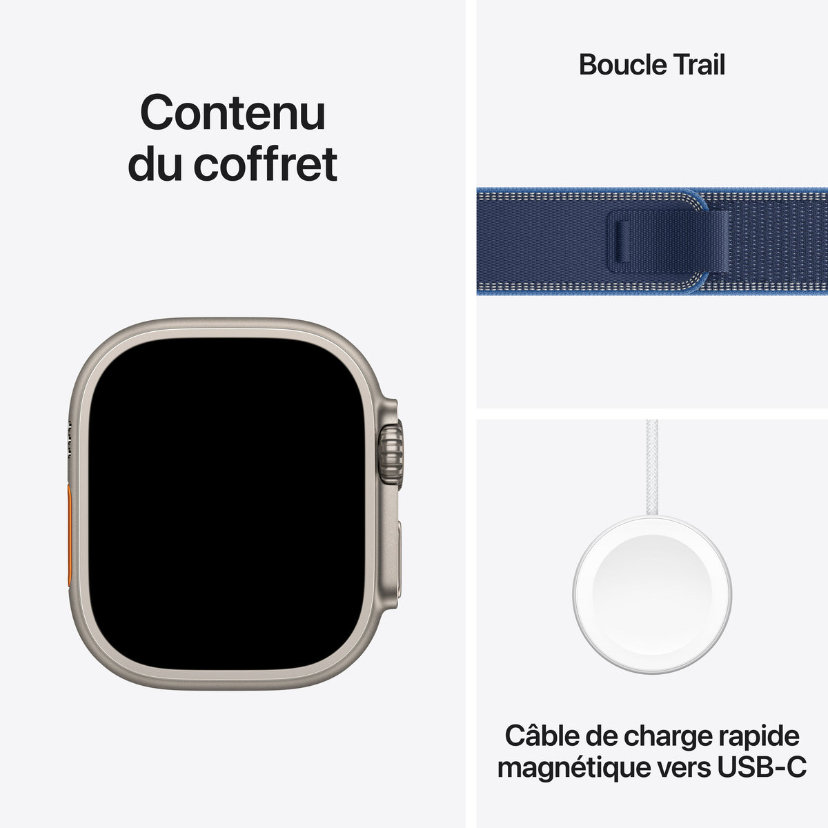 Apple Watch Ultra 3 GPS + Cellular, Boîtier en titane naturel de 49 mm, Boucle Trail bleu/bleu vif - M/L