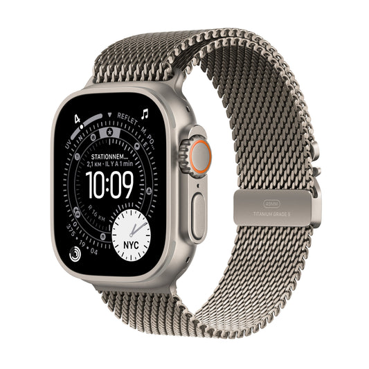 Apple Watch Ultra 3 GPS + Cellular, Boîtier en titane naturel de 49 mm, Bracelet Milanais titane naturel - Medium