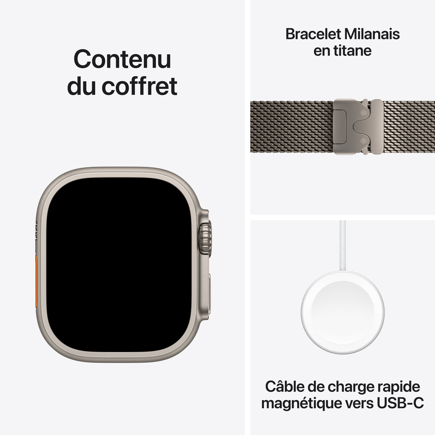Apple Watch Ultra 3 GPS + Cellular, Boîtier en titane naturel de 49 mm, Bracelet Milanais titane naturel - Large