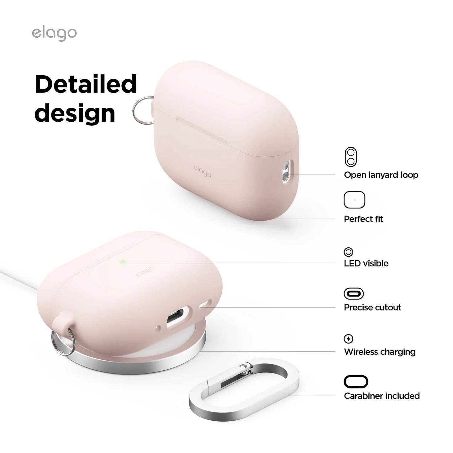 Elago • Coque Silicone avec Mousqueton • AirPods Pro 3 • Sable Rose