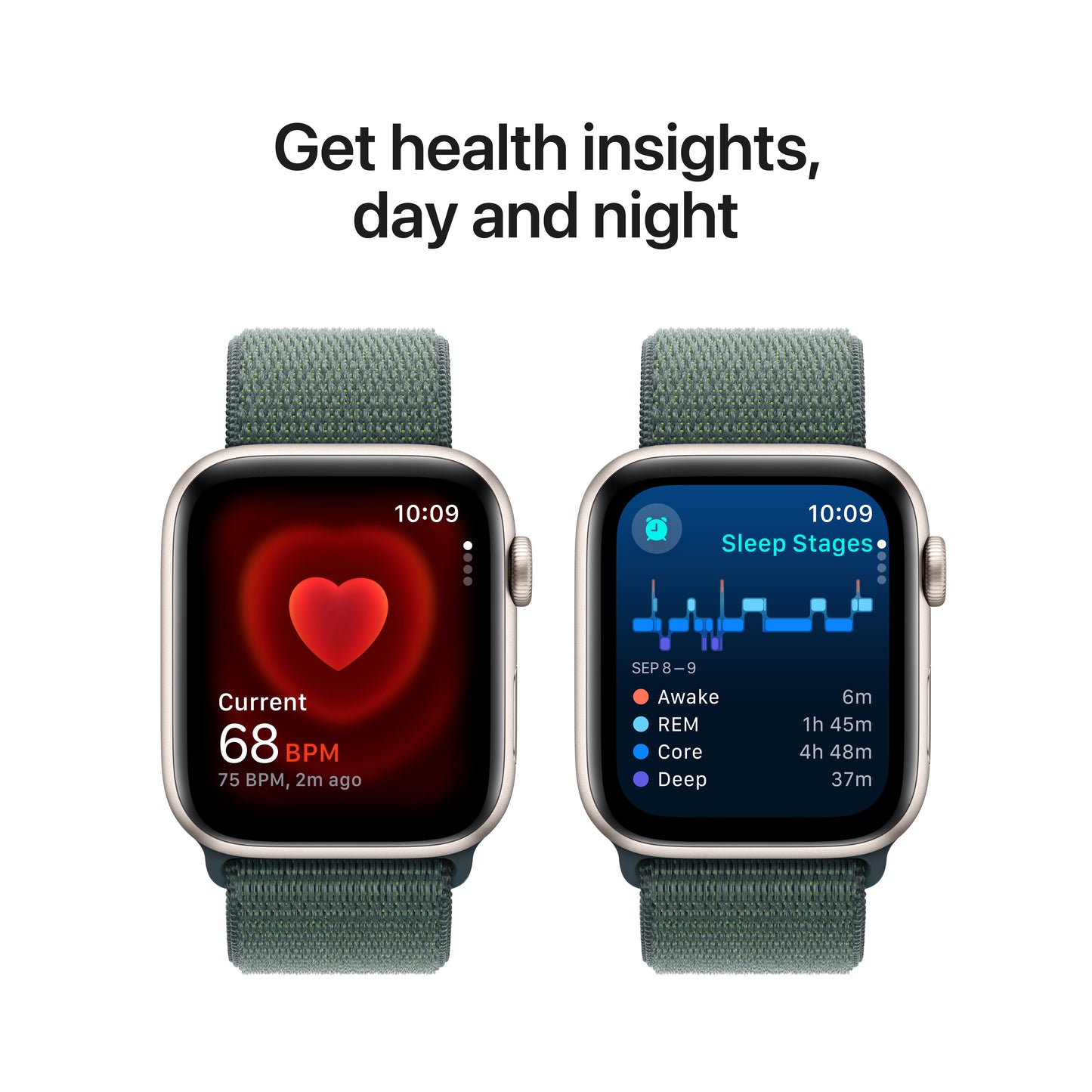 Apple Watch SE (2ème gén) • 44mm Lumière Stellaire • Boucle Sport Vert Lacustre