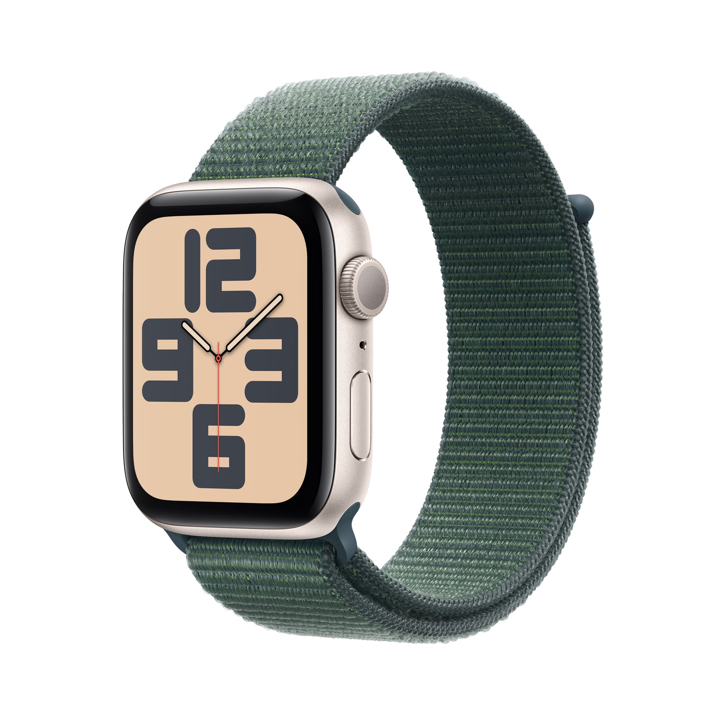 Apple Watch SE (2ème gén) • 44mm Lumière Stellaire • Boucle Sport Vert Lacustre