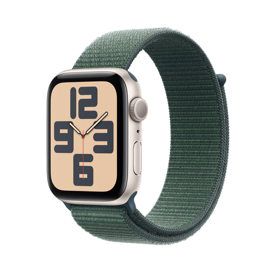 Apple Watch SE (2ème gén) • 44mm Lumière Stellaire • Boucle Sport Vert Lacustre