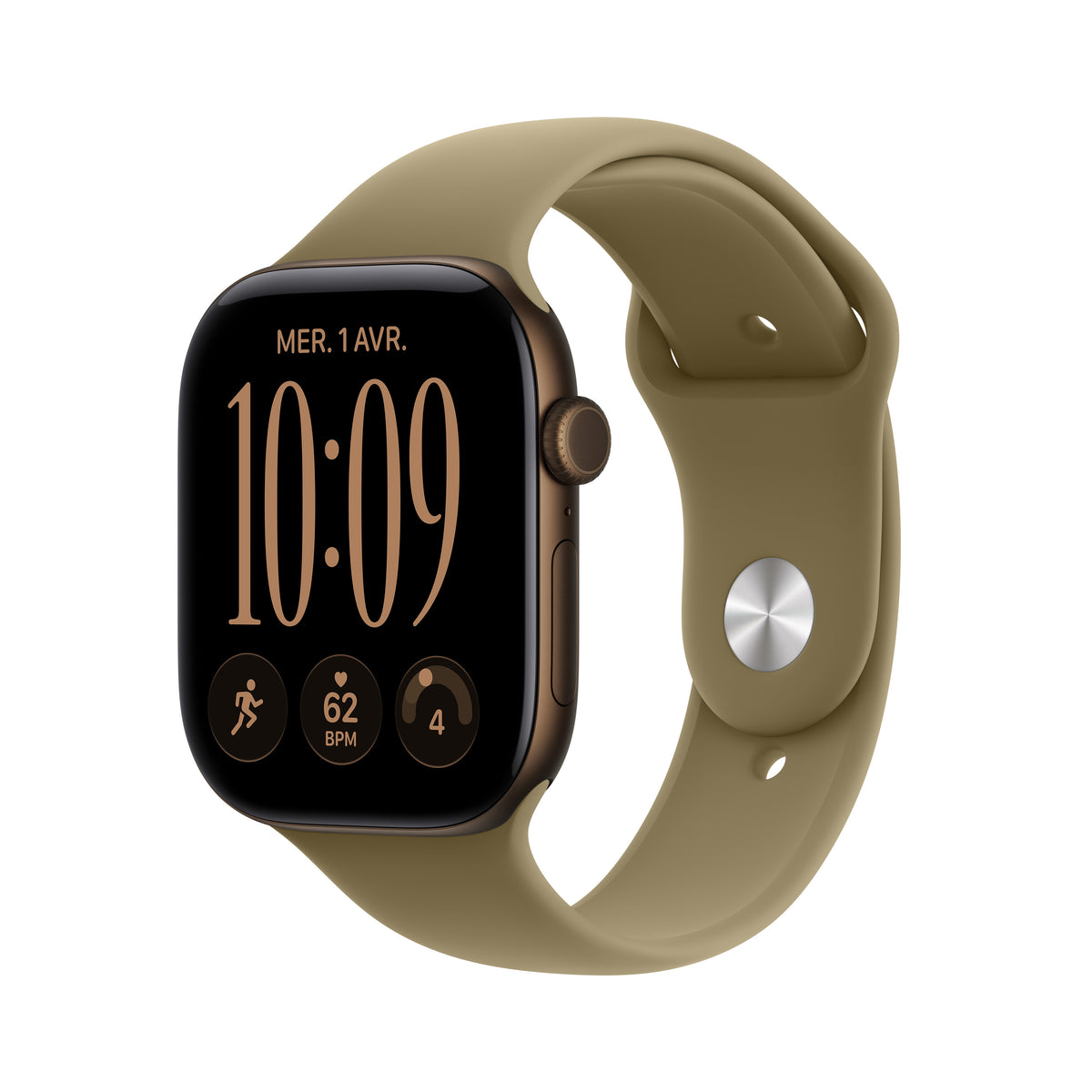 Apple Watch Series 12 GPS, Boîtier en aluminium bronze sombre de 46 mm, Bracelet Sport olive - S/M