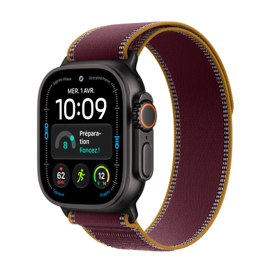 Apple Watch Ultra 4 GPS + Cellular, Boîtier en titane noir de 49 mm, Boucle Trail bourgogne - S/M