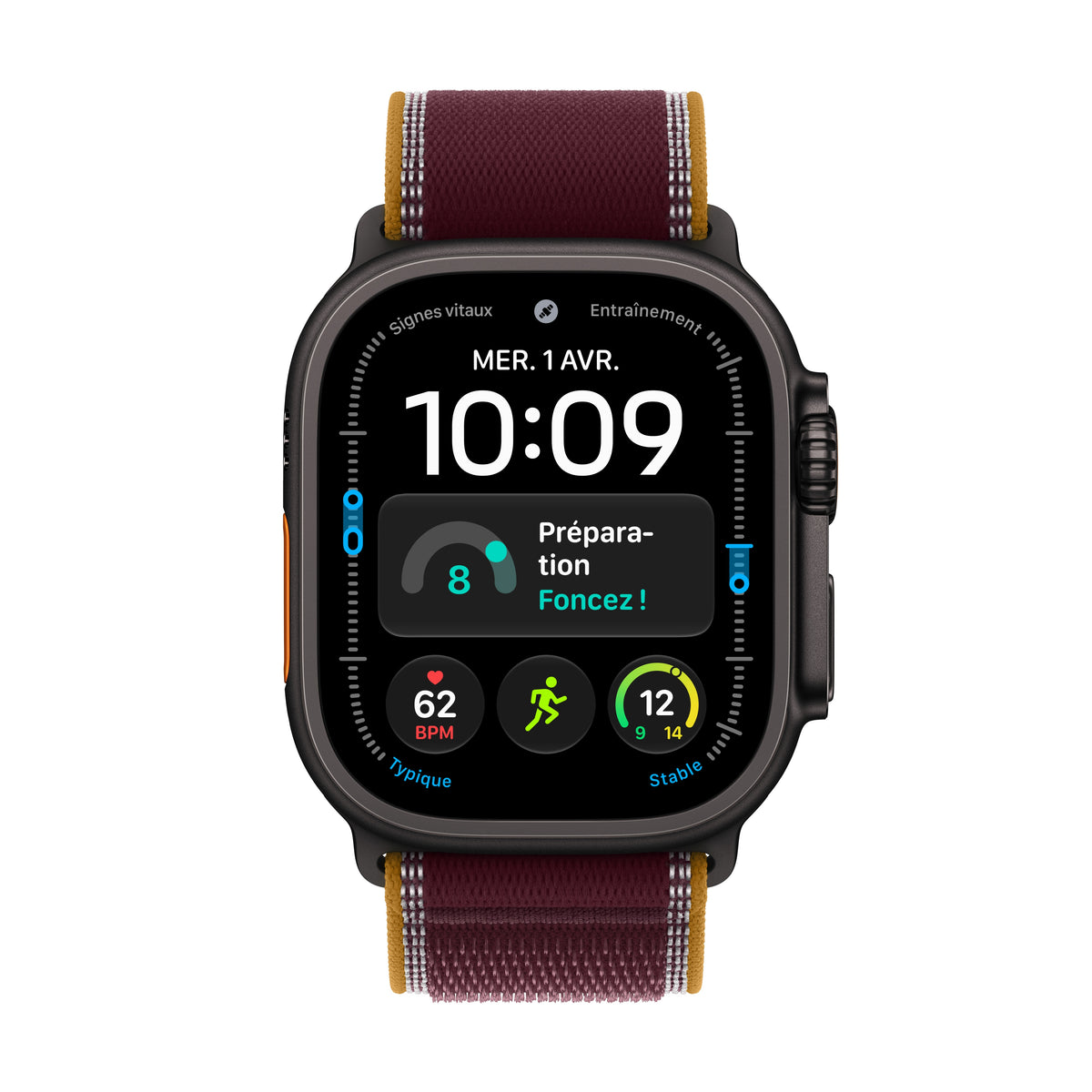 Apple Watch Ultra 4 GPS + Cellular, Boîtier en titane noir de 49 mm, Boucle Trail bourgogne - S/M