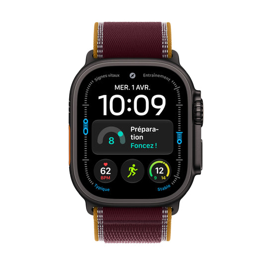 Apple Watch Ultra 4 GPS + Cellular, Boîtier en titane noir de 49 mm, Boucle Trail bourgogne - M/L