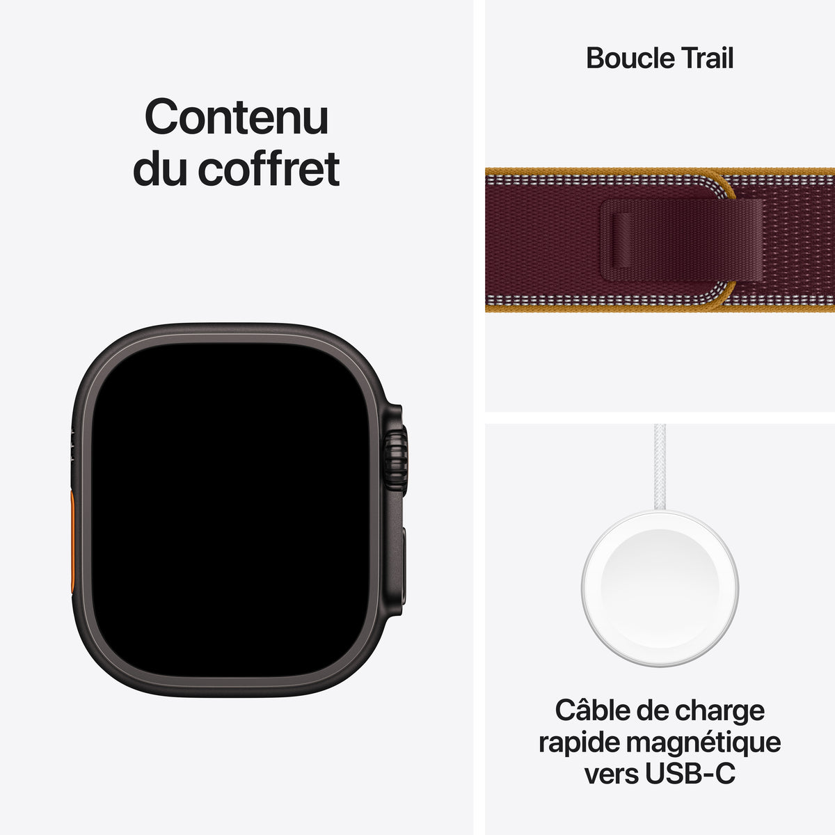 Apple Watch Ultra 4 GPS + Cellular, Boîtier en titane noir de 49 mm, Boucle Trail bourgogne - M/L