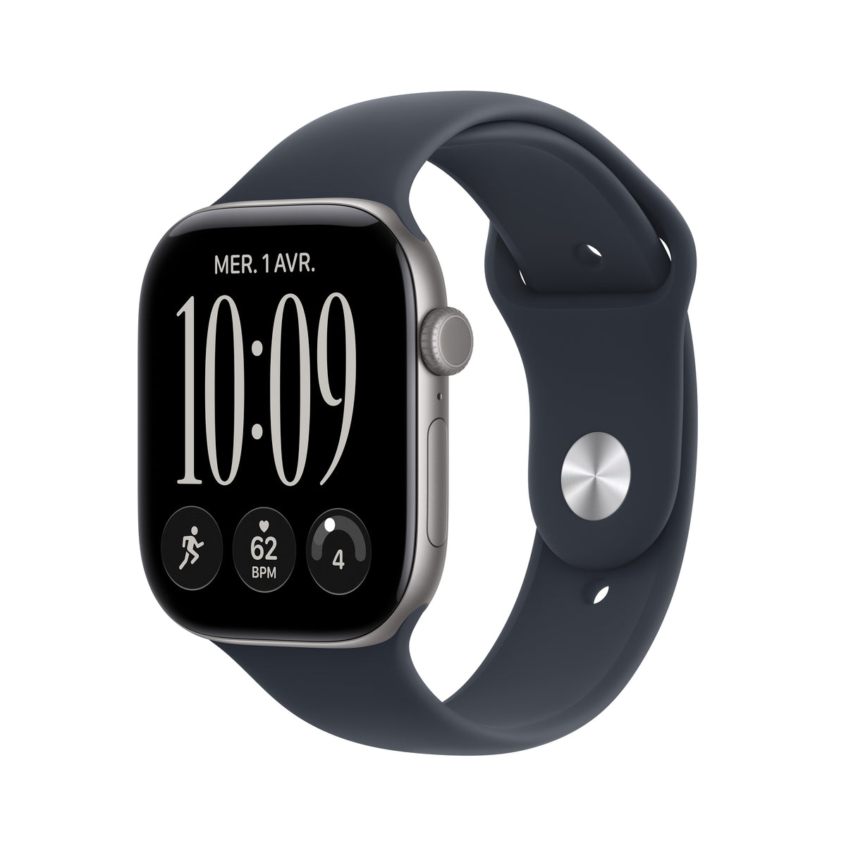 Apple Watch Series 12 GPS, Boîtier en aluminium gris sidéral de 46 mm, Bracelet Sport bleu marine - S/M