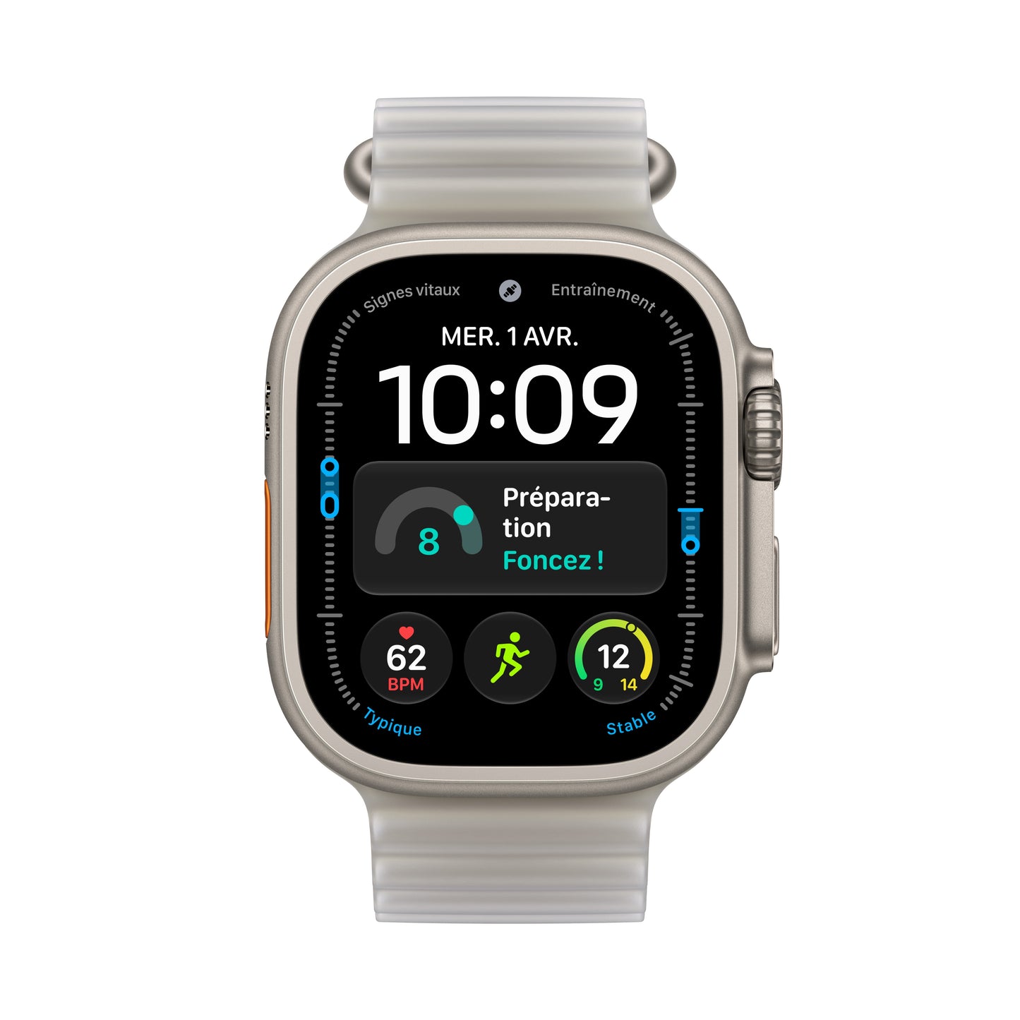 Apple Watch Ultra 4 GPS + Cellular, Boîtier en titane naturel de 49 mm, Bracelet Océan gris translucide