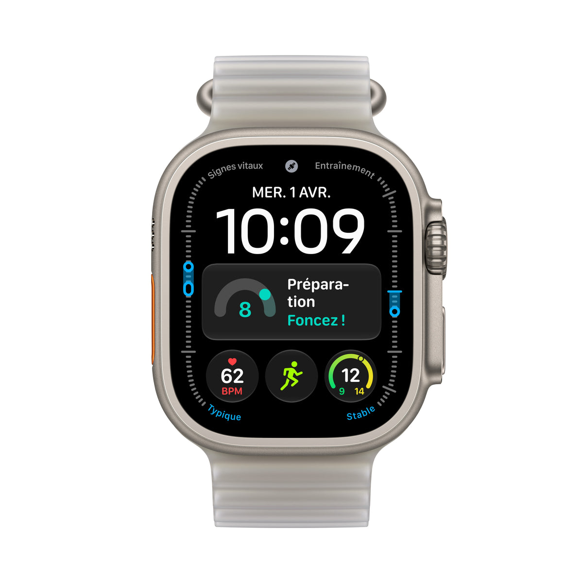 Apple Watch Ultra 4 GPS + Cellular, Boîtier en titane naturel de 49 mm, Bracelet Océan gris translucide
