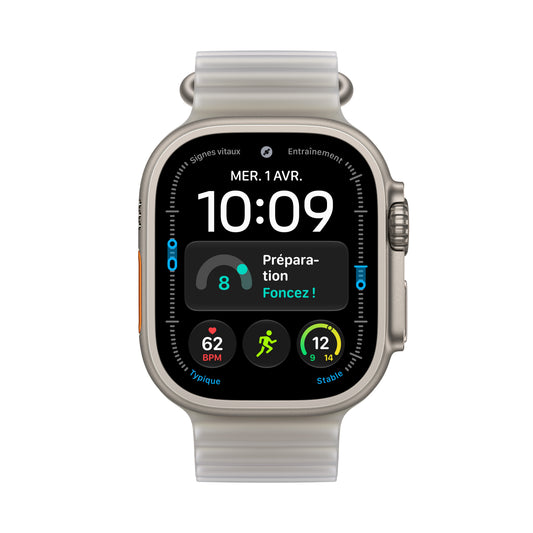 Apple Watch Ultra 4 GPS + Cellular, Boîtier en titane naturel de 49 mm, Bracelet Océan gris translucide