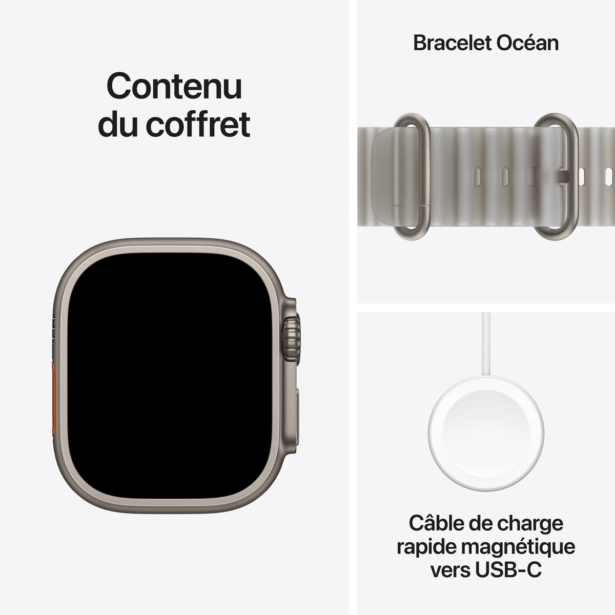 Apple Watch Ultra 4 GPS + Cellular, Boîtier en titane naturel de 49 mm, Bracelet Océan gris translucide