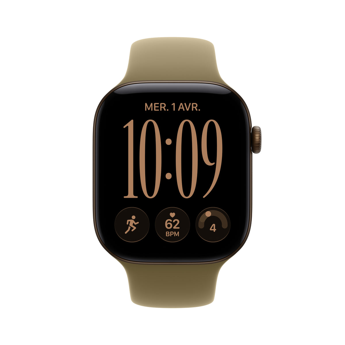 Apple Watch Series 12 GPS, Boîtier en aluminium bronze sombre de 46 mm, Bracelet Sport olive - S/M