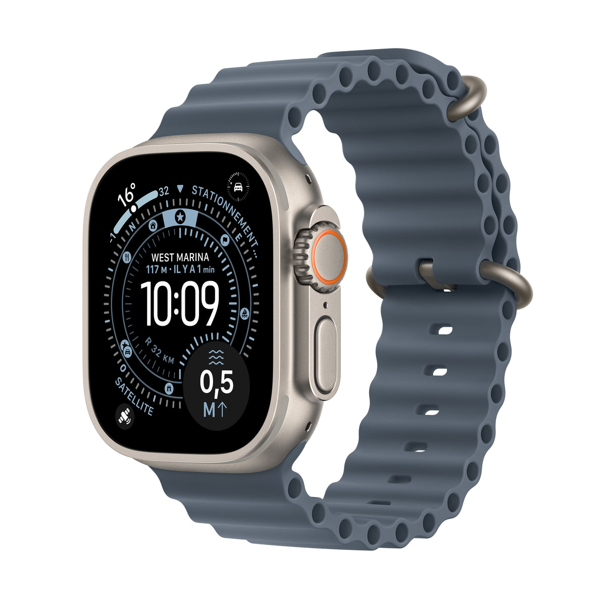 Apple Watch Ultra 3 GPS + Cellular, Boîtier en titane naturel de 49 mm, Bracelet Océan bleu maritime
