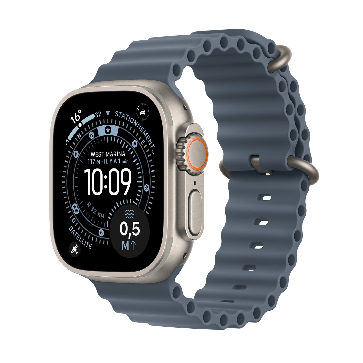 Apple Watch Ultra 3 GPS + Cellular, Boîtier en titane naturel de 49 mm, Bracelet Océan bleu maritime