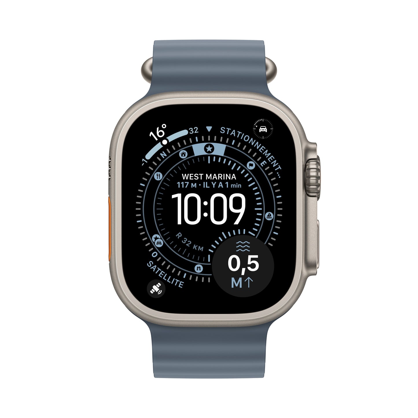 Apple Watch Ultra 3 GPS + Cellular, Boîtier en titane naturel de 49 mm, Bracelet Océan bleu maritime