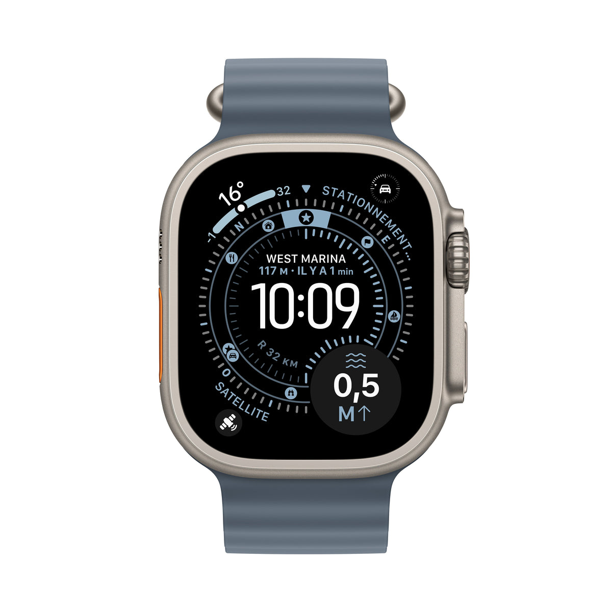 Apple Watch Ultra 3 GPS + Cellular, Boîtier en titane naturel de 49 mm, Bracelet Océan bleu maritime